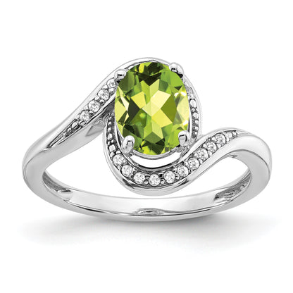 14k White Gold 8x6mm Oval Peridot and 1/10 carat Diamond Bypass Ring