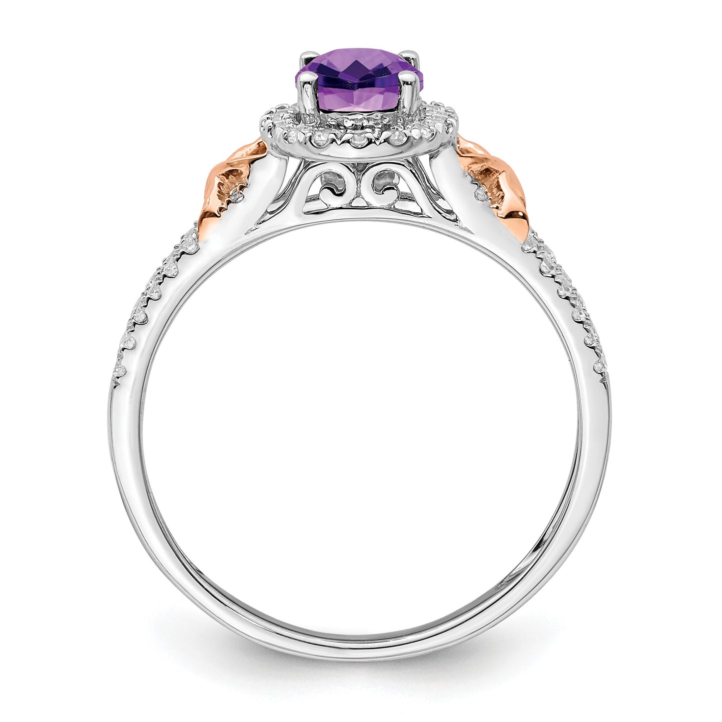 14k White and Rose Gold 7x5mm Oval Amethyst and 1/4 carat Diamond Halo Ring