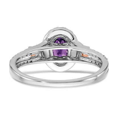 14k White and Rose Gold 7x5mm Oval Amethyst and 1/4 carat Diamond Halo Ring