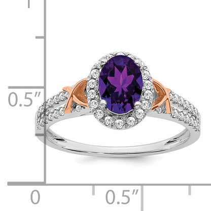 14k White and Rose Gold 7x5mm Oval Amethyst and 1/4 carat Diamond Halo Ring