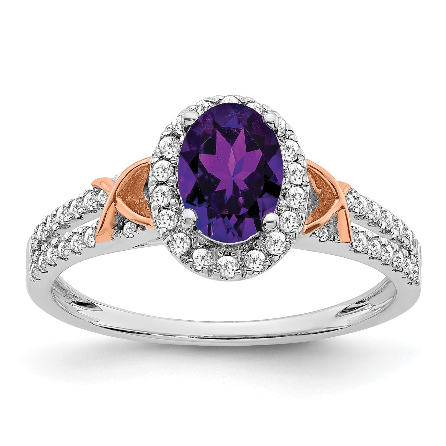 14k White and Rose Gold 7x5mm Oval Amethyst and 1/4 carat Diamond Halo Ring
