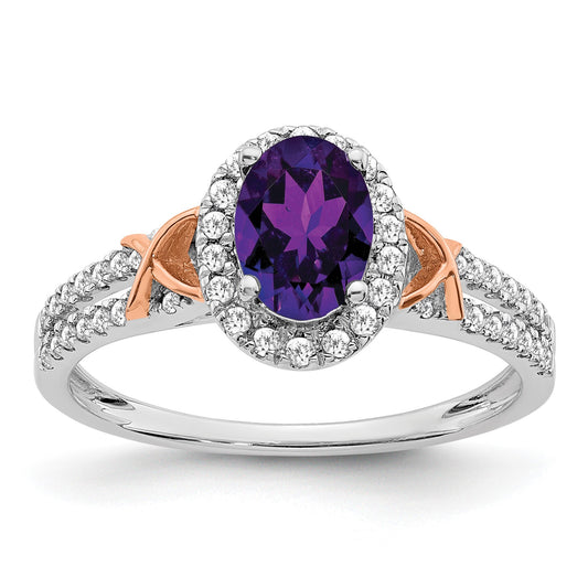 14k White and Rose Gold 7x5mm Oval Amethyst and 1/4 carat Diamond Halo Ring