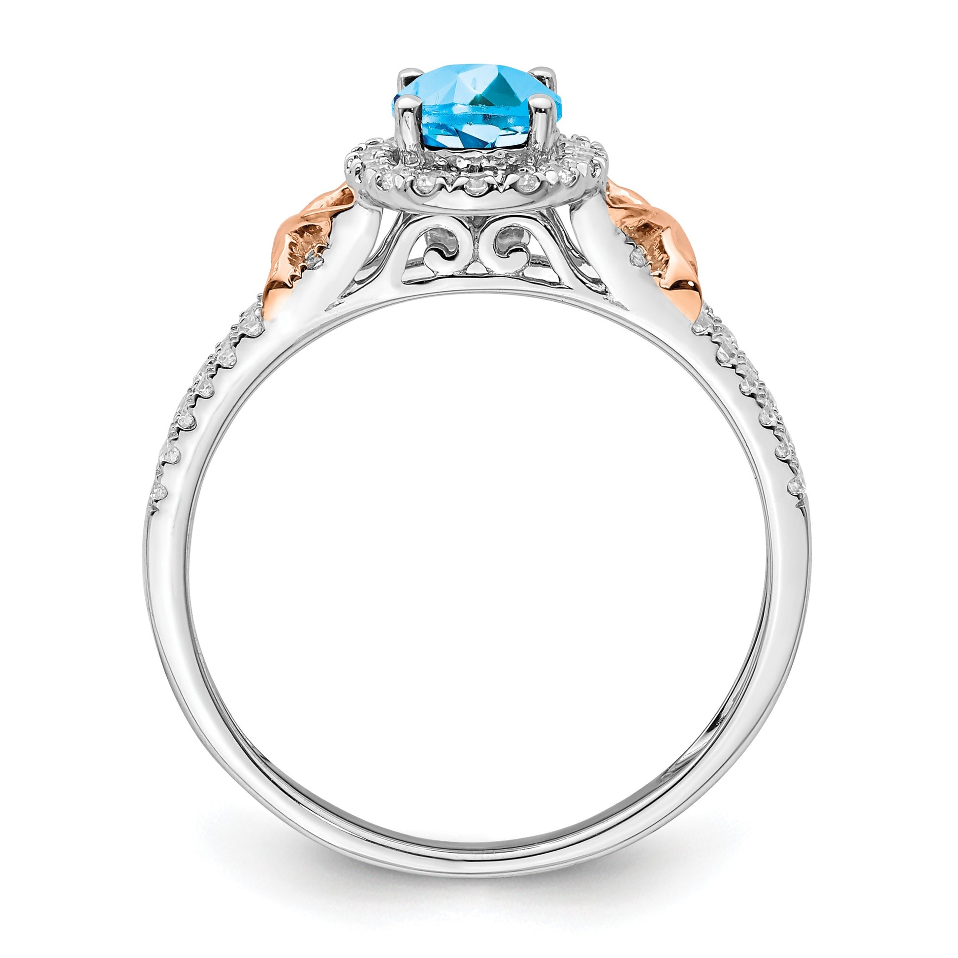 14k White and Rose Gold 7x5mm Oval Blue Topaz and 1/4 carat Diamond Halo Ring