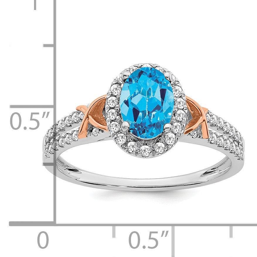 14k White and Rose Gold 7x5mm Oval Blue Topaz and 1/4 carat Diamond Halo Ring