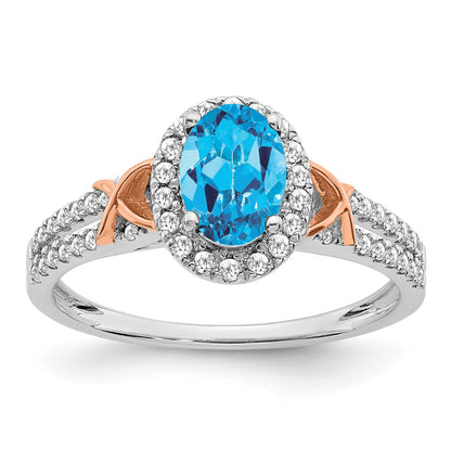 14k White and Rose Gold 7x5mm Oval Blue Topaz and 1/4 carat Diamond Halo Ring