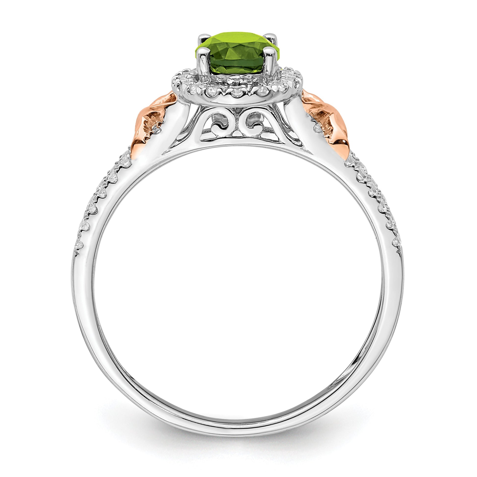 14k White and Rose Gold 7x5mm Oval Peridot and 1/4 carat Diamond Halo Ring