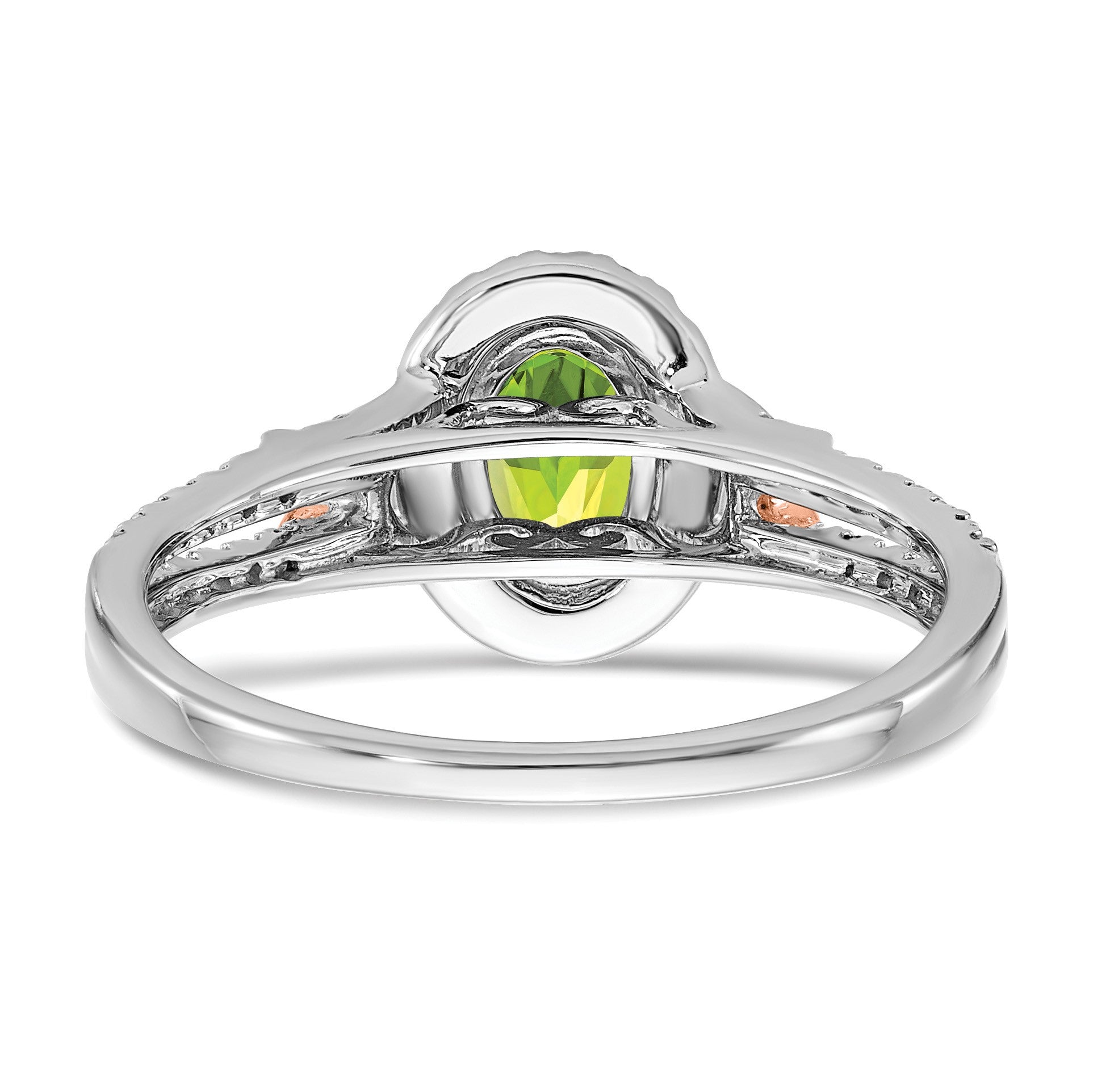 14k White and Rose Gold 7x5mm Oval Peridot and 1/4 carat Diamond Halo Ring