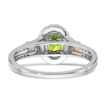 14k White and Rose Gold 7x5mm Oval Peridot and 1/4 carat Diamond Halo Ring