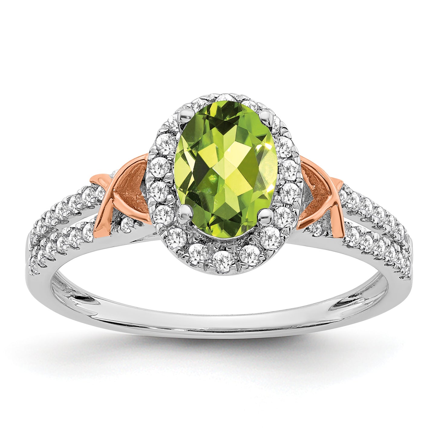14k White and Rose Gold 7x5mm Oval Peridot and 1/4 carat Diamond Halo Ring