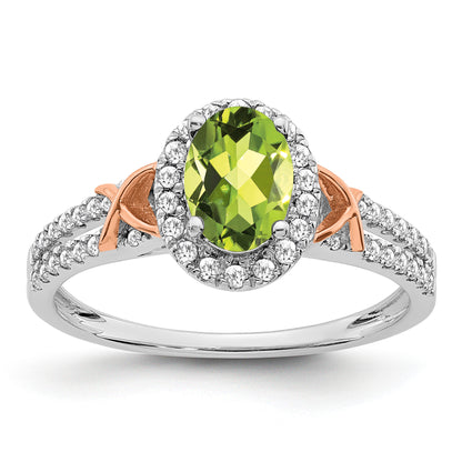 14k White and Rose Gold 7x5mm Oval Peridot and 1/4 carat Diamond Halo Ring