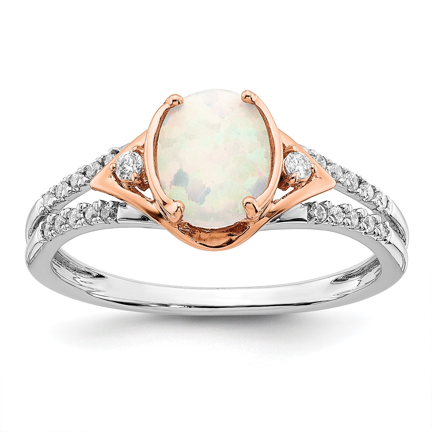 14k Two-tone 8x6mm Oval Lab-Created Opal and 1/6 carat Diamond Ring