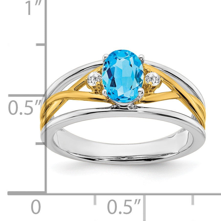 14k Two-tone 7x5mm Oval Blue Topaz and 1/20 carat Diamond Ring