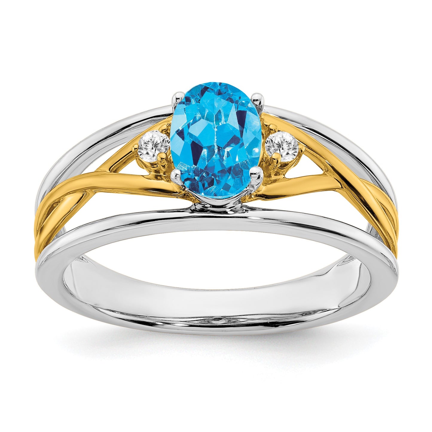 14k Two-tone 7x5mm Oval Blue Topaz and 1/20 carat Diamond Ring