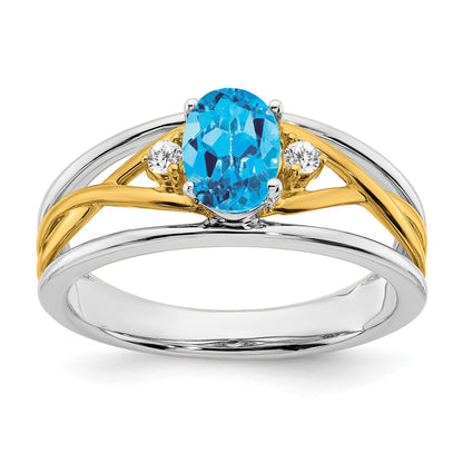 14k Two-tone 7x5mm Oval Blue Topaz and 1/20 carat Diamond Ring