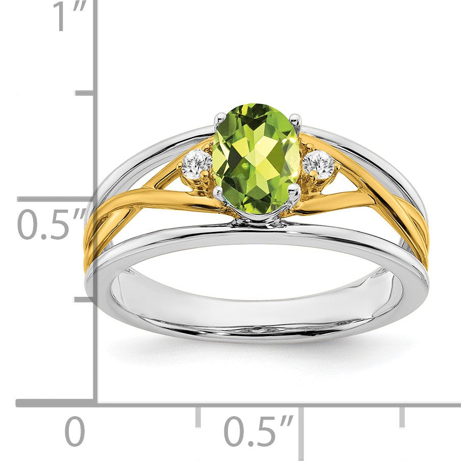 14k Two-tone 7x5mm Oval Peridot and 1/20 carat Diamond Ring