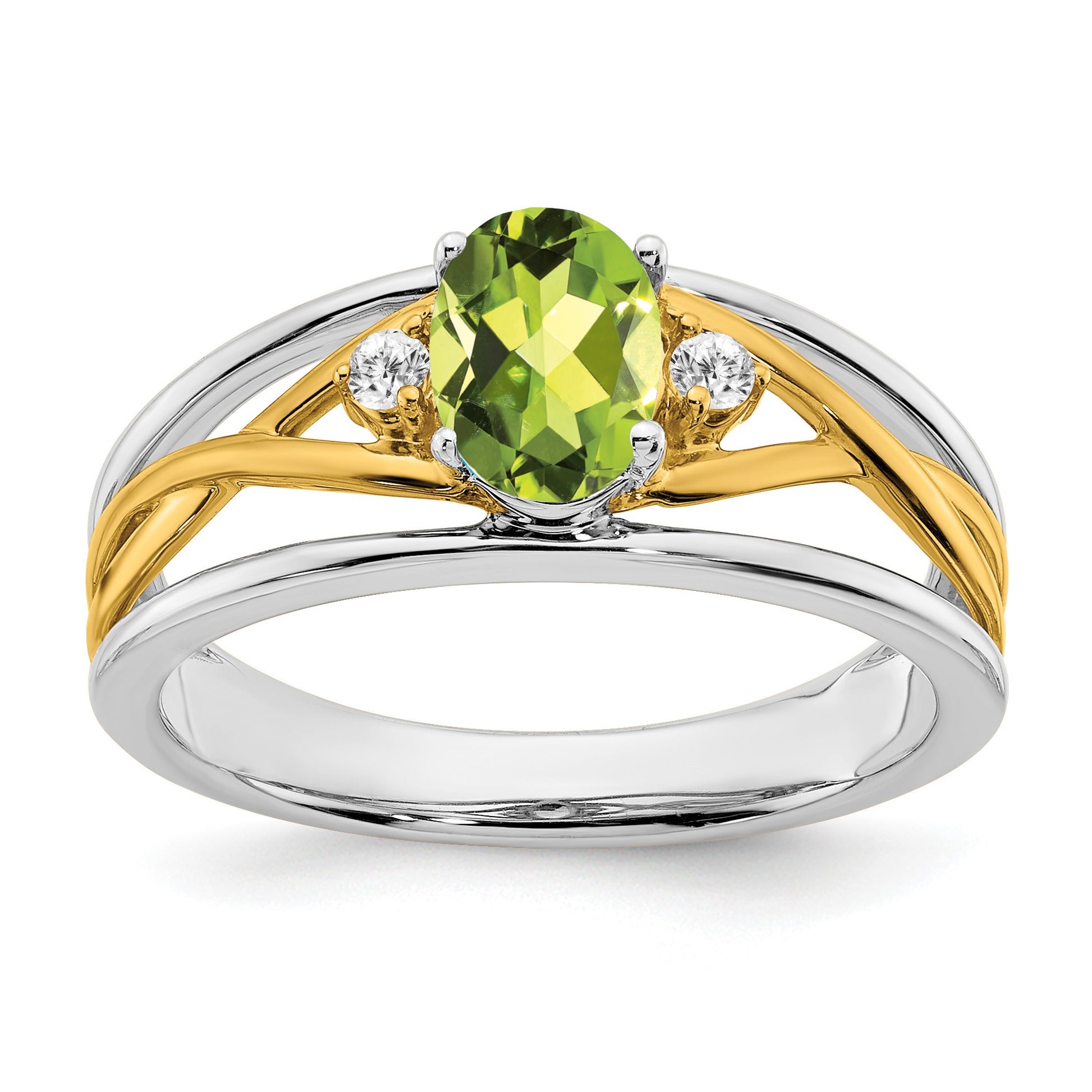 14k Two-tone 7x5mm Oval Peridot and 1/20 carat Diamond Ring
