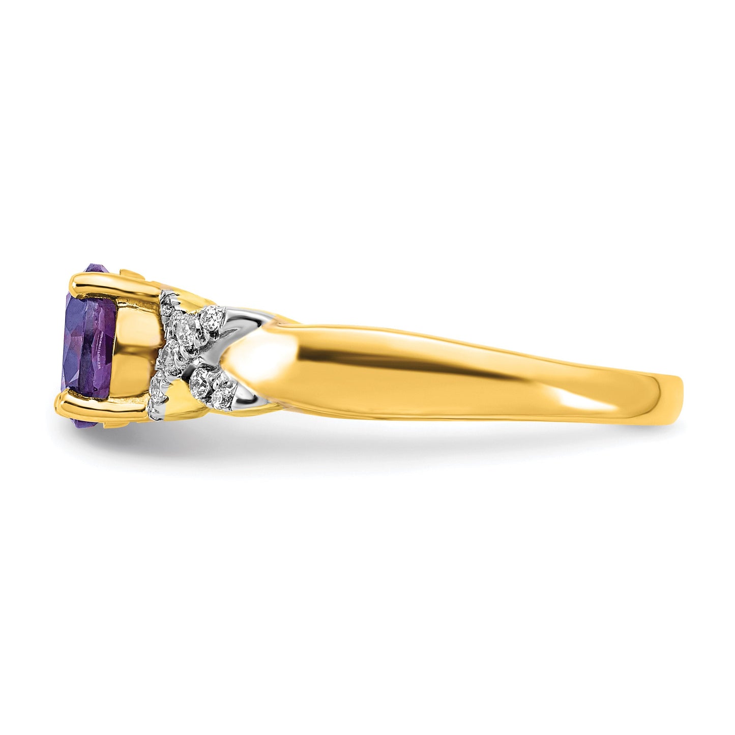 14k Two-tone 6.5mm Round Amethyst and 1/8 carat Diamond -X- Ring