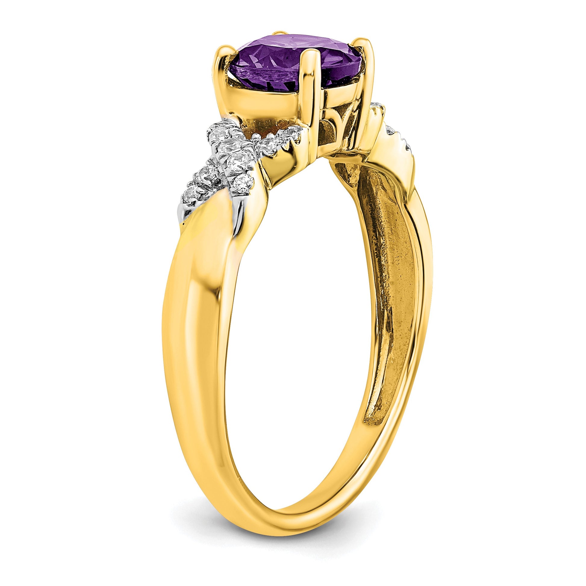 14k Two-tone 6.5mm Round Amethyst and 1/8 carat Diamond -X- Ring