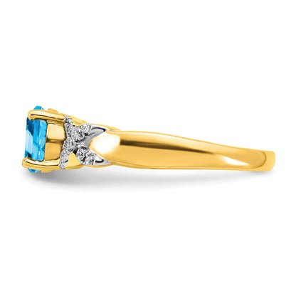 14k Two-tone 6.5mm Round Blue Topaz and 1/8 carat Diamond -X- Ring