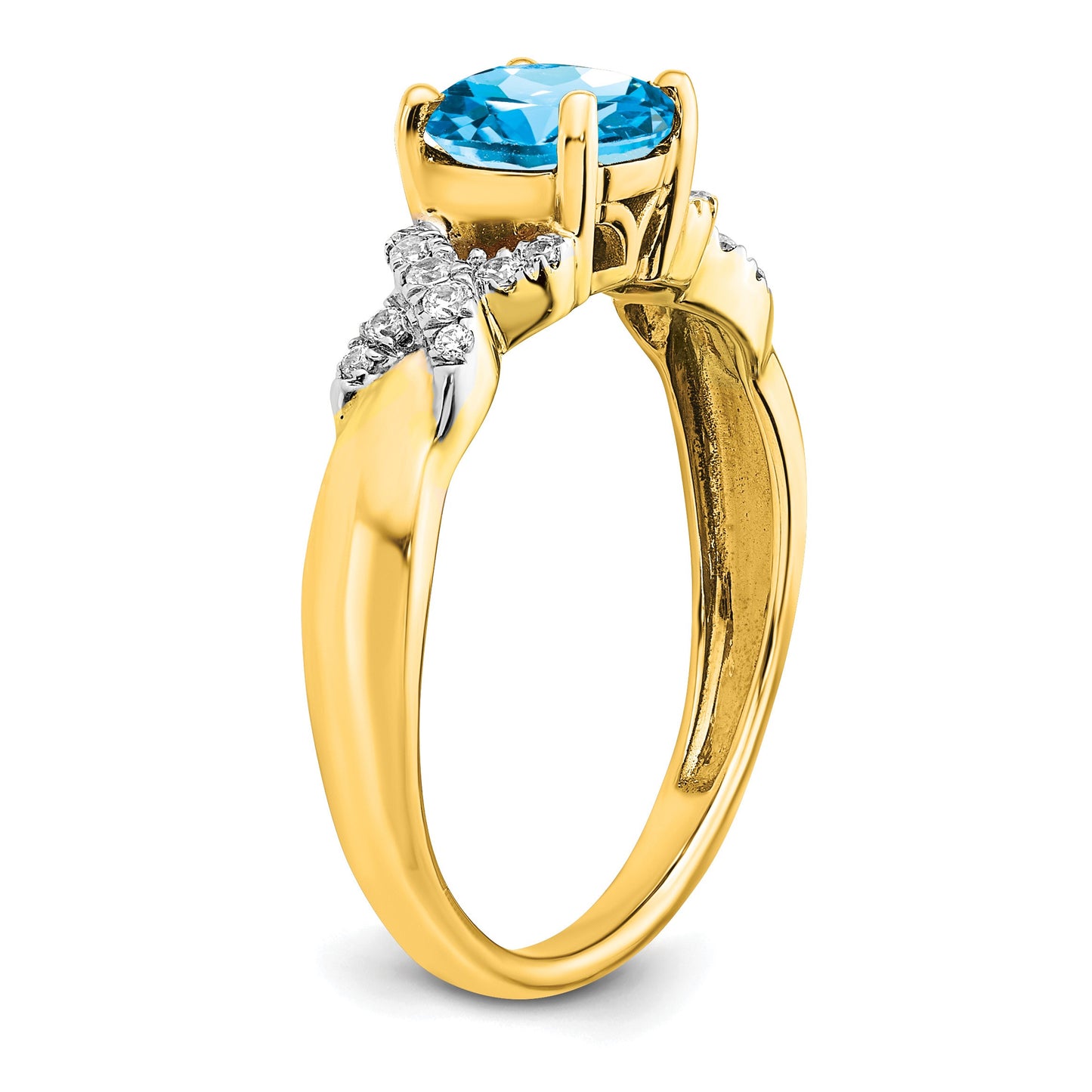 14k Two-tone 6.5mm Round Blue Topaz and 1/8 carat Diamond -X- Ring