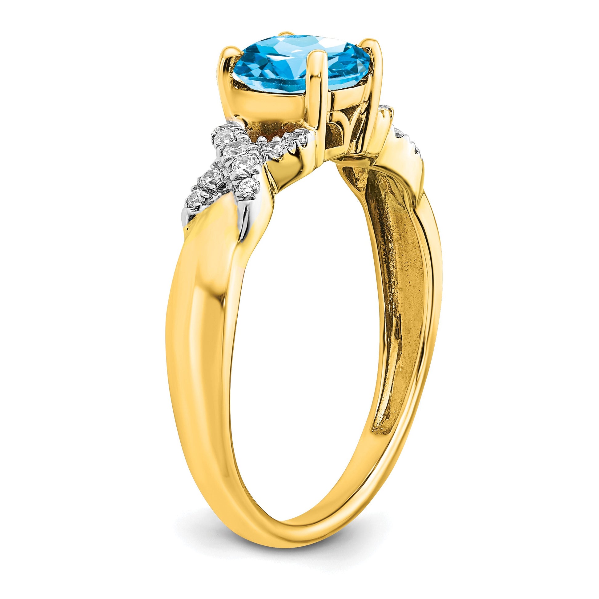 14k Two-tone 6.5mm Round Blue Topaz and 1/8 carat Diamond -X- Ring