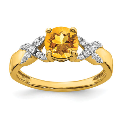 14k Two-tone 6.5mm Round Citrine and 1/8 carat Diamond -X- Ring