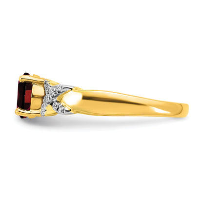 14k Two-tone 6.5mm Round Garnet and 1/8 carat Diamond -X- Ring