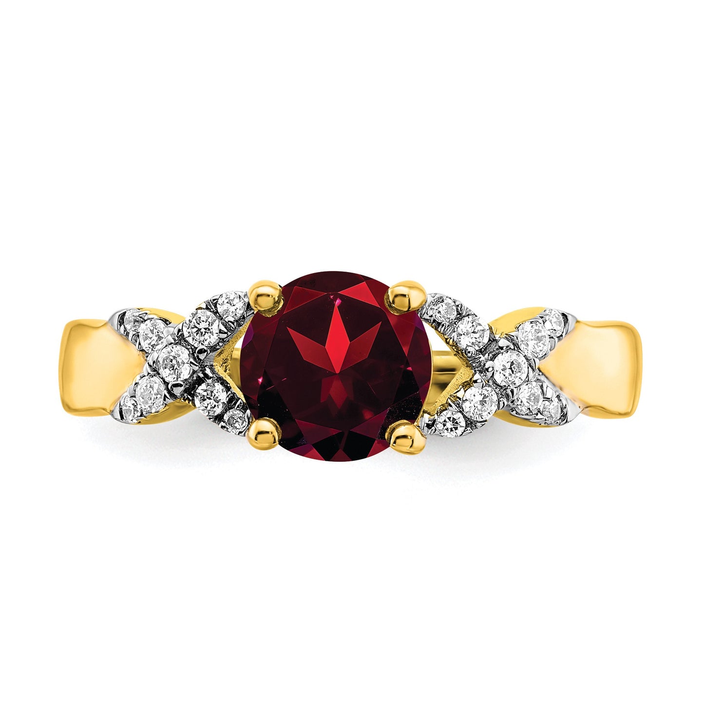 14k Two-tone 6.5mm Round Garnet and 1/8 carat Diamond -X- Ring