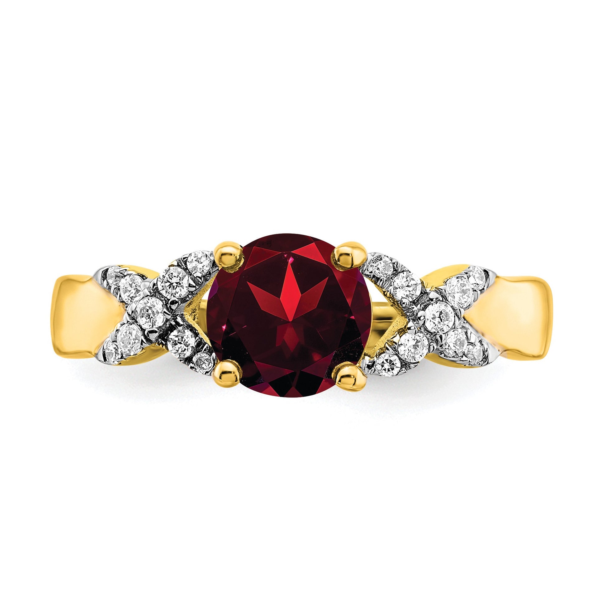 14k Two-tone 6.5mm Round Garnet and 1/8 carat Diamond -X- Ring