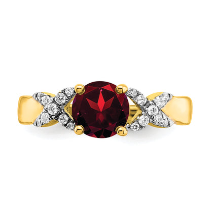 14k Two-tone 6.5mm Round Garnet and 1/8 carat Diamond -X- Ring