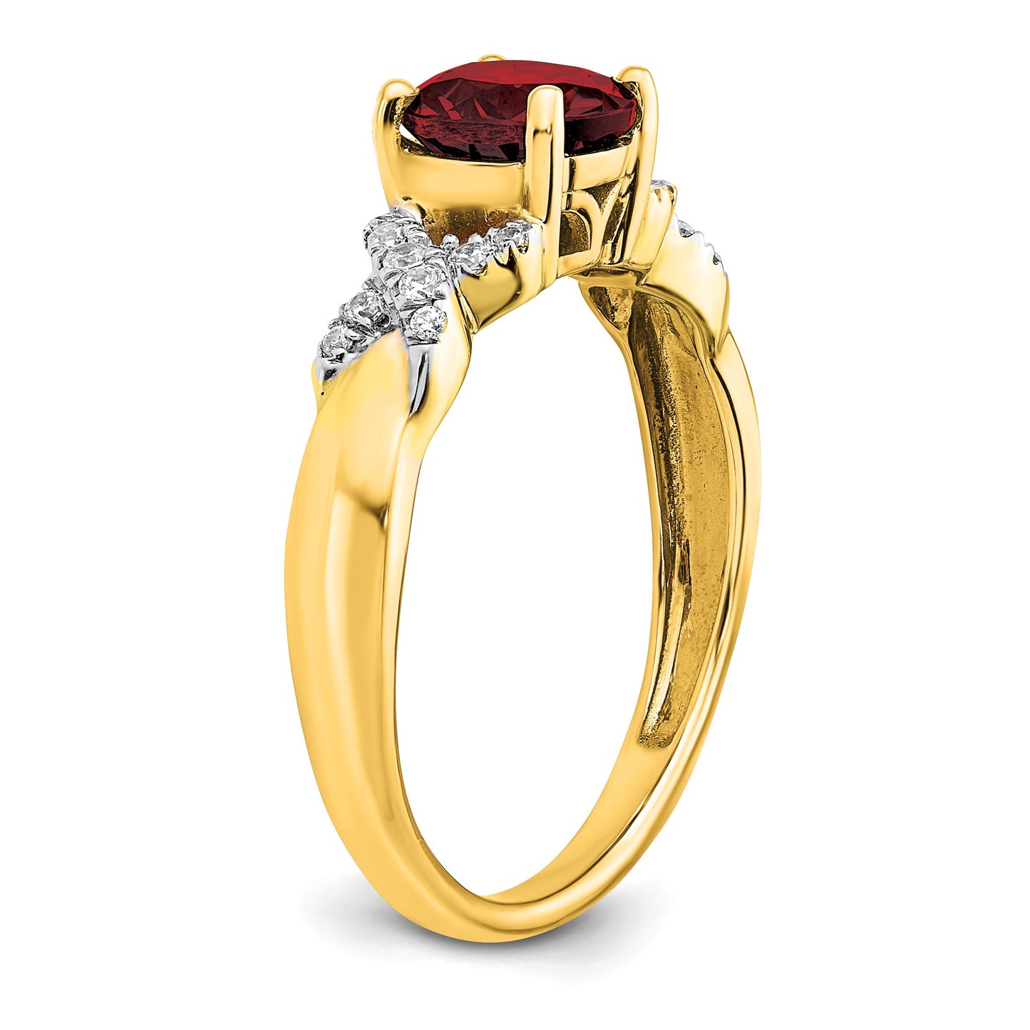 14k Two-tone 6.5mm Round Garnet and 1/8 carat Diamond -X- Ring