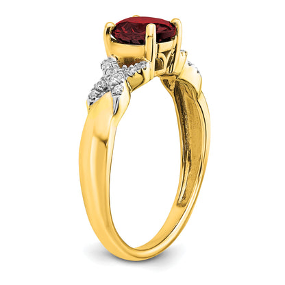 14k Two-tone 6.5mm Round Garnet and 1/8 carat Diamond -X- Ring