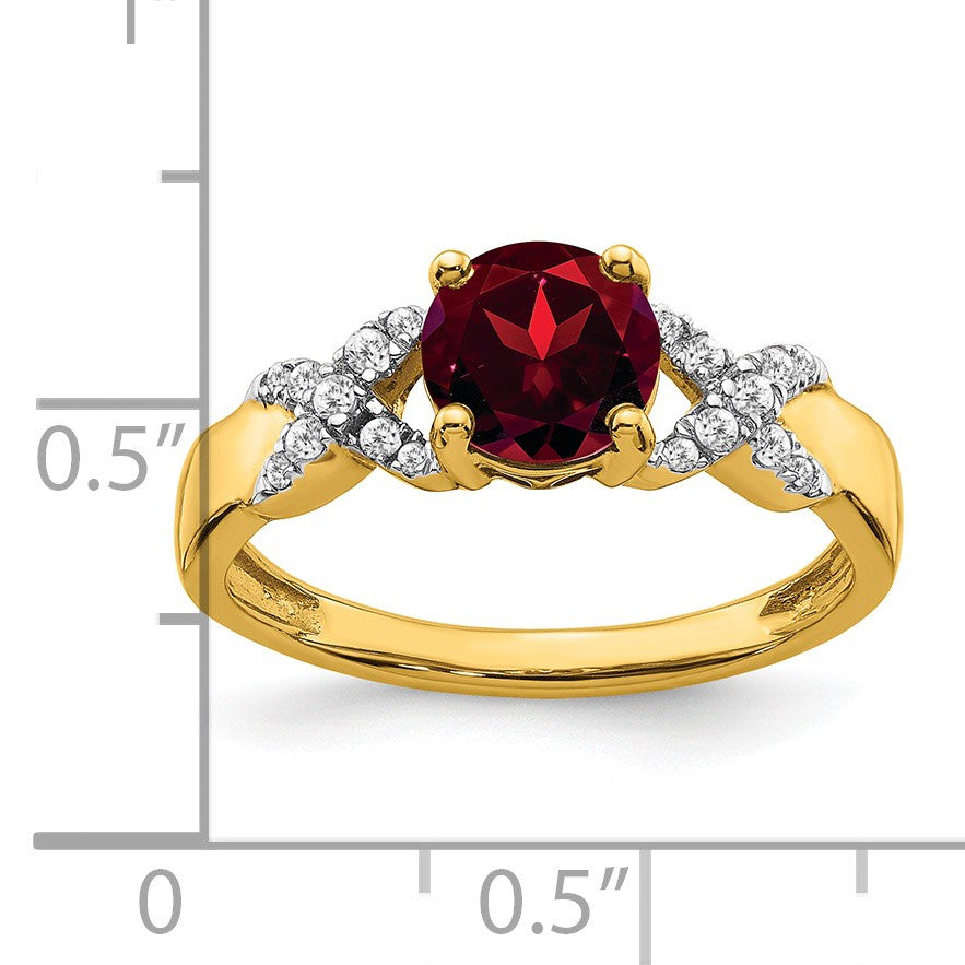 14k Two-tone 6.5mm Round Garnet and 1/8 carat Diamond -X- Ring