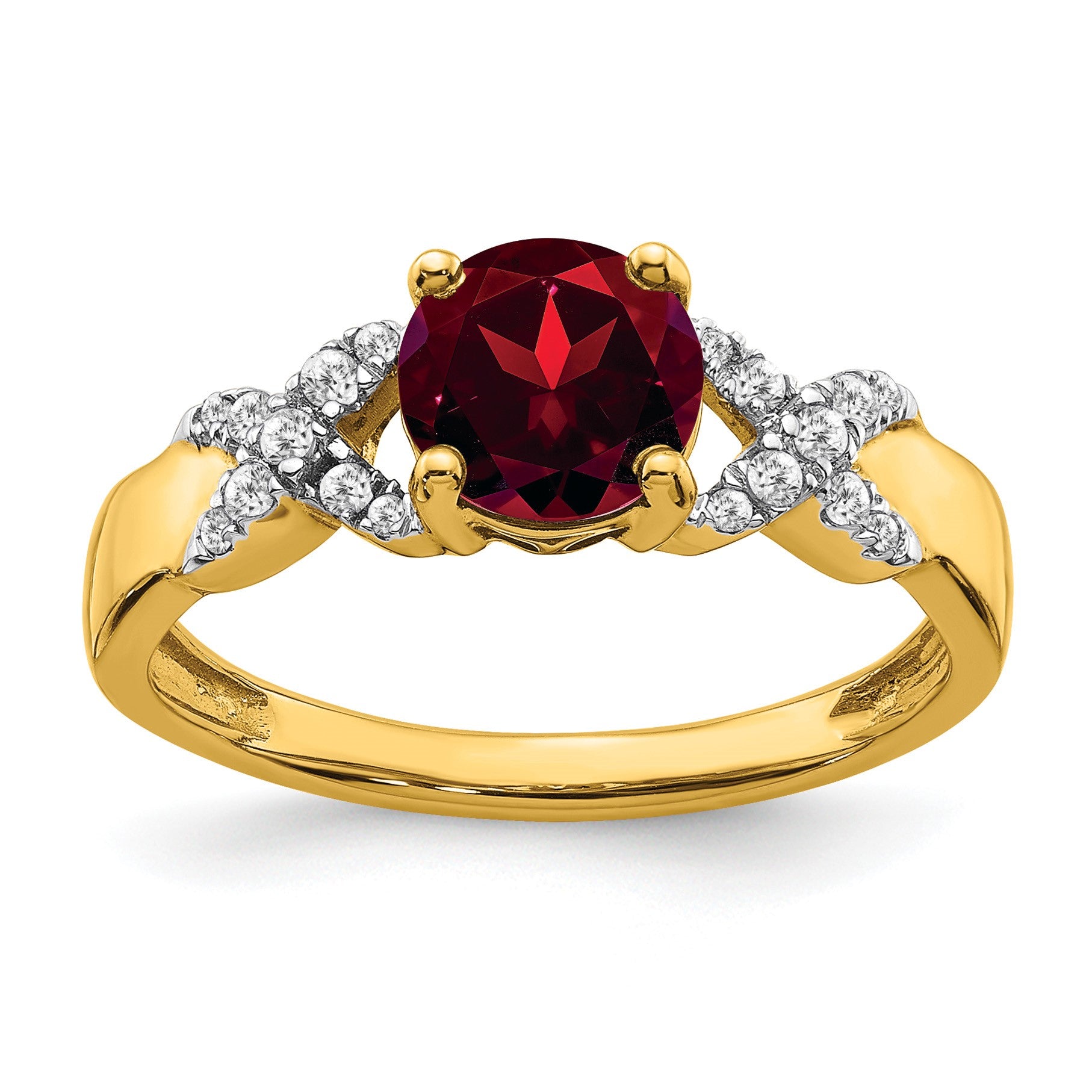 14k Two-tone 6.5mm Round Garnet and 1/8 carat Diamond -X- Ring