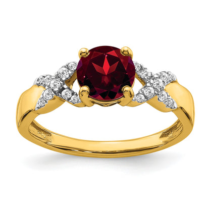 14k Two-tone 6.5mm Round Garnet and 1/8 carat Diamond -X- Ring