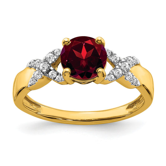 14k Two-tone 6.5mm Round Garnet and 1/8 carat Diamond -X- Ring