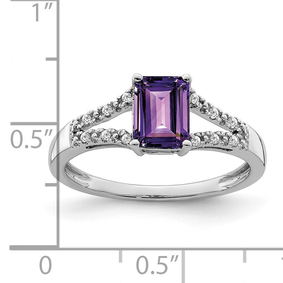 14k White Gold 7x5mm Emerald-cut Amethyst and 1/20 carat Diamond Ring