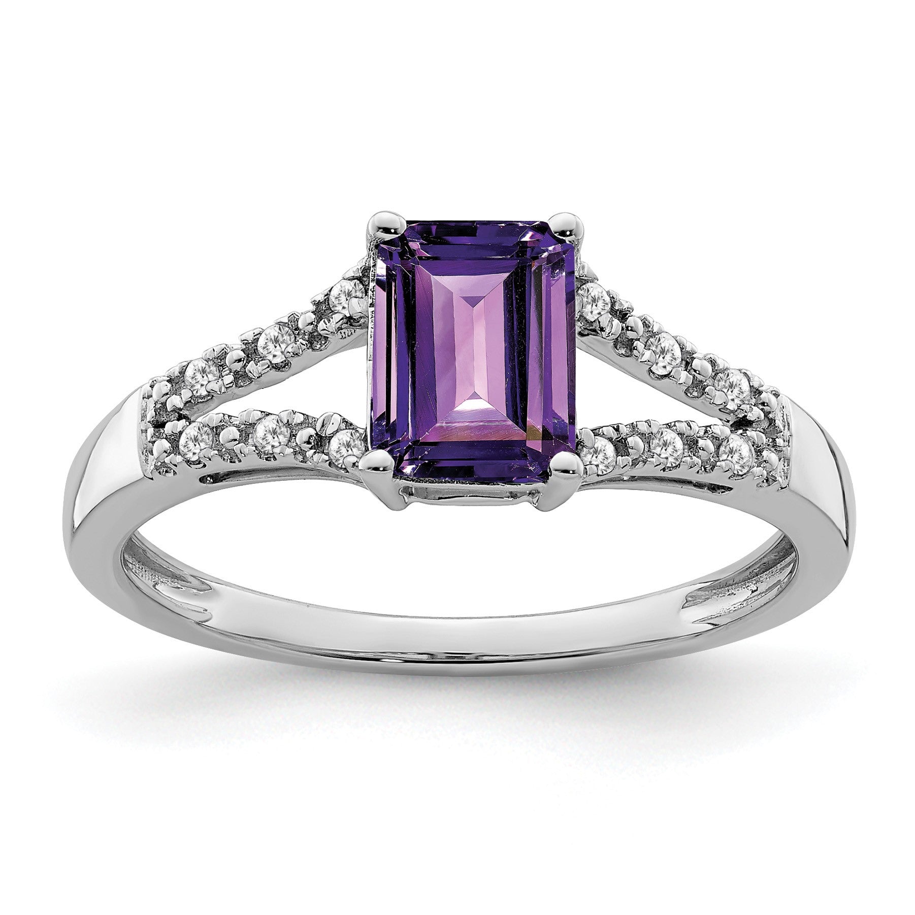 14k White Gold 7x5mm Emerald-cut Amethyst and 1/20 carat Diamond Ring
