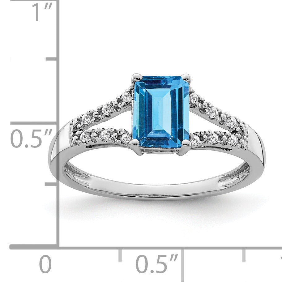 14k White Gold 7x5mm Emerald-cut Blue Topaz and 1/20 carat Diamond Ring