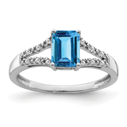 14k White Gold 7x5mm Emerald-cut Blue Topaz and 1/20 carat Diamond Ring