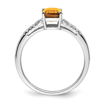 14k White Gold 7x5mm Emerald-cut Citrine and 1/20 carat Diamond Ring