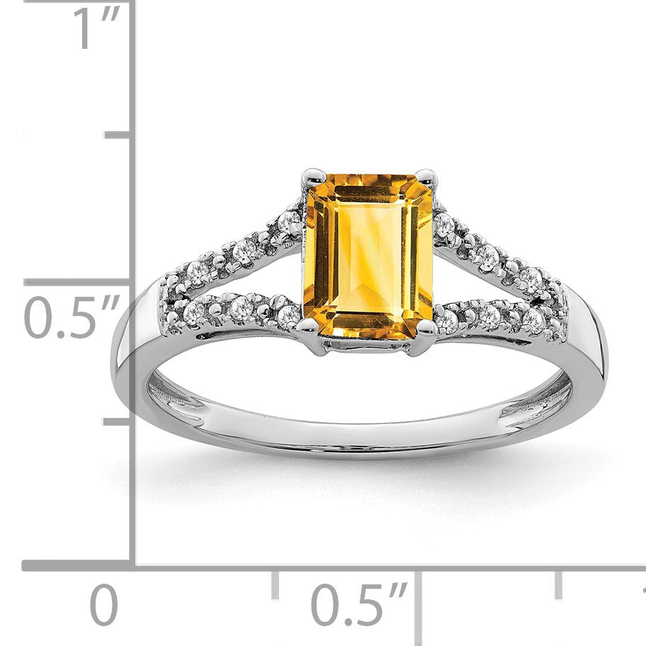 14k White Gold 7x5mm Emerald-cut Citrine and 1/20 carat Diamond Ring