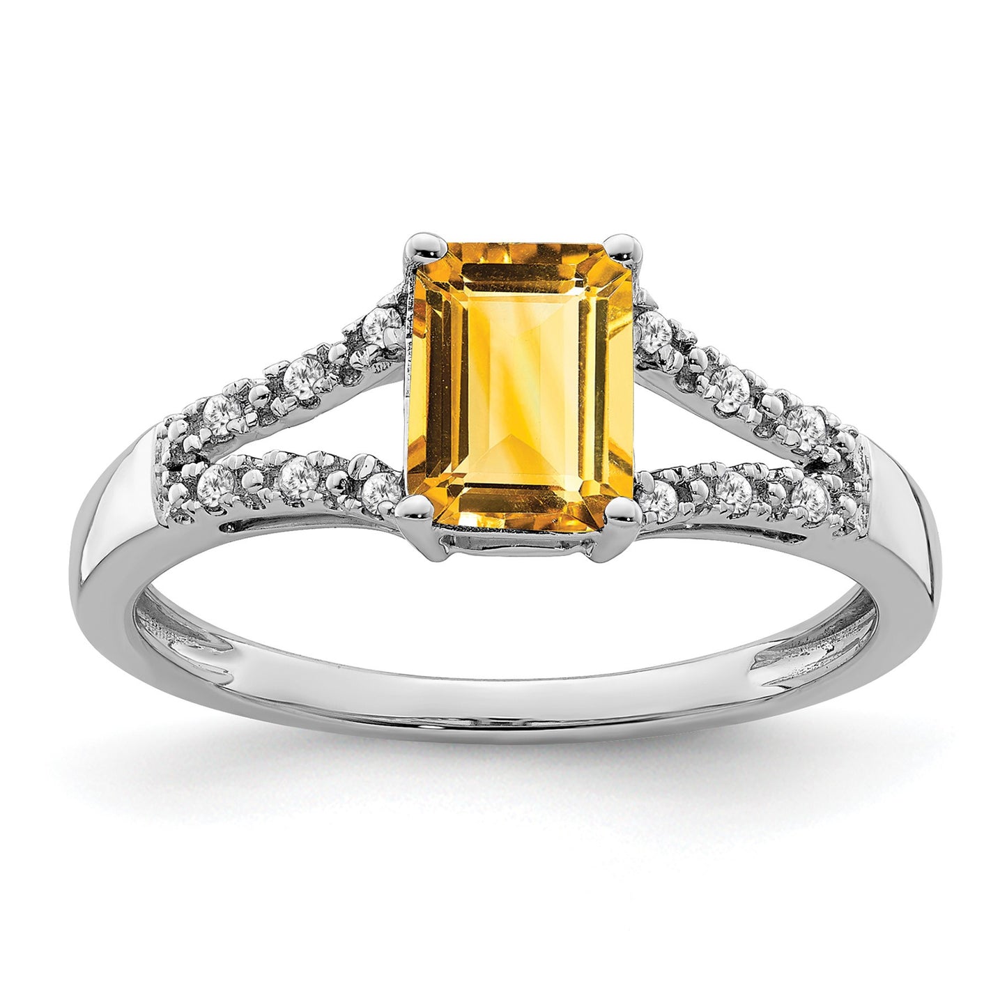 14k White Gold 7x5mm Emerald-cut Citrine and 1/20 carat Diamond Ring