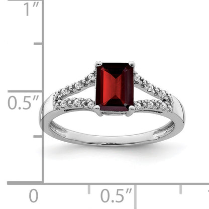 14k White Gold 7x5mm Emerald-cut Garnet and 1/20 carat Diamond Ring
