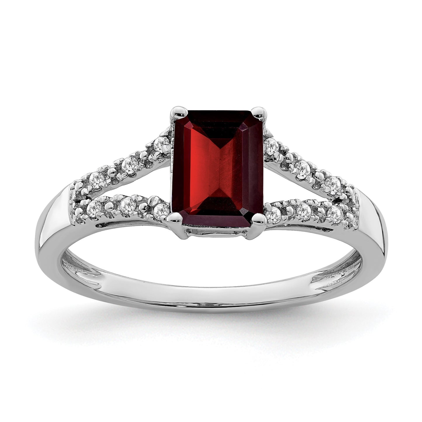 14k White Gold 7x5mm Emerald-cut Garnet and 1/20 carat Diamond Ring