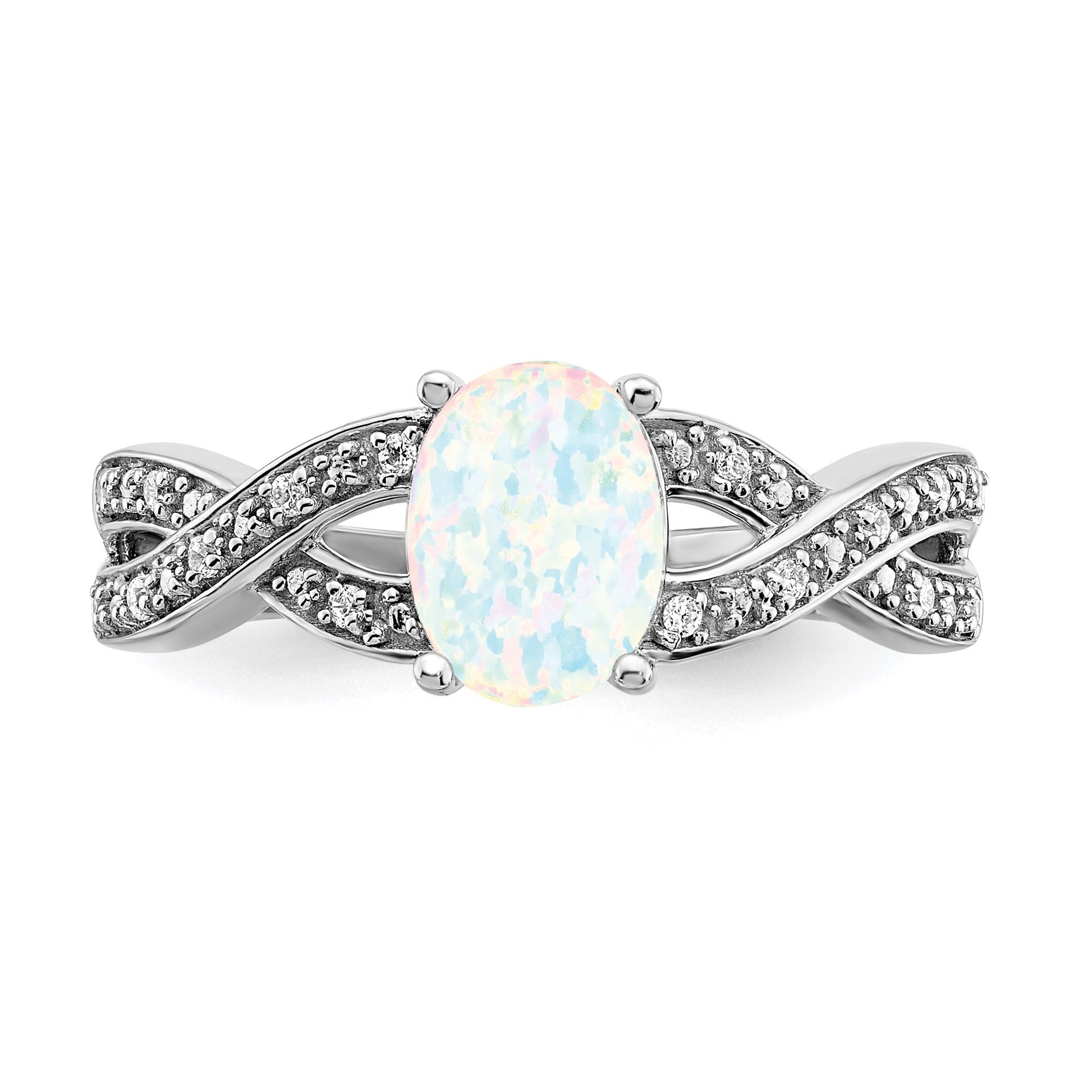 14k White Gold 8x6mm Oval Lab-Created Opal and 1/15 carat Diamond Ring