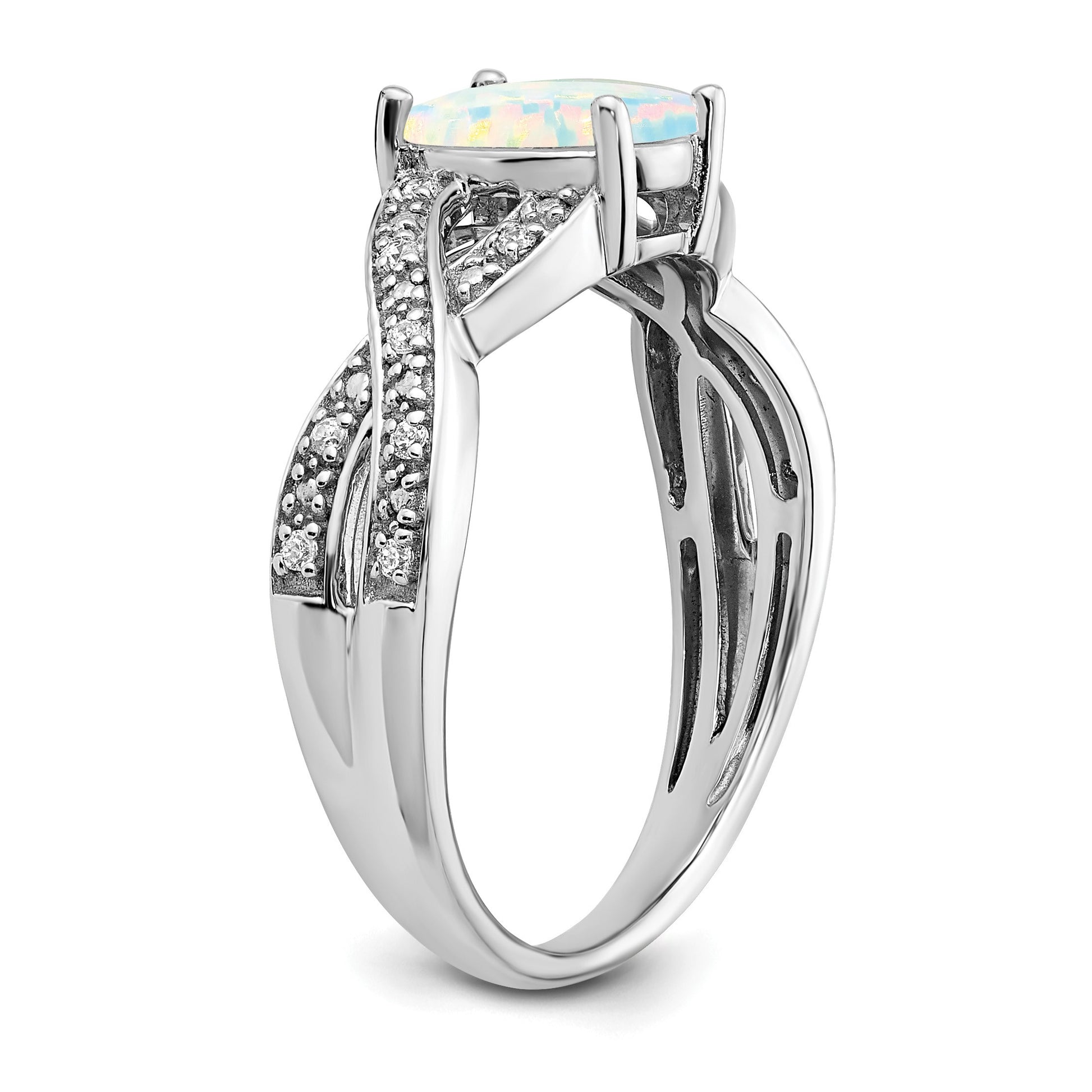 14k White Gold 8x6mm Oval Lab-Created Opal and 1/15 carat Diamond Ring