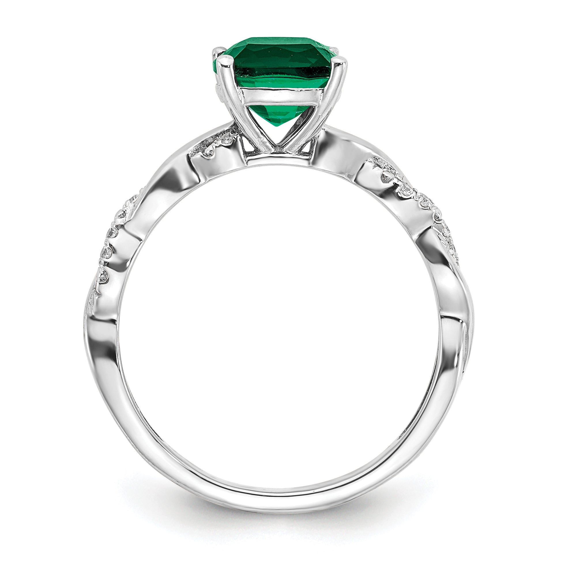 Sterling Silver Rhodium-plated Created Emerald and Diamond Ring