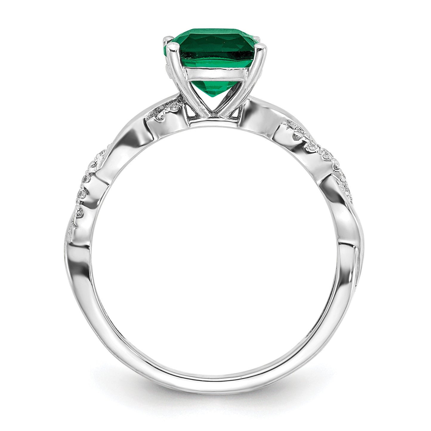 Sterling Silver Rhodium-plated Created Emerald and Diamond Ring