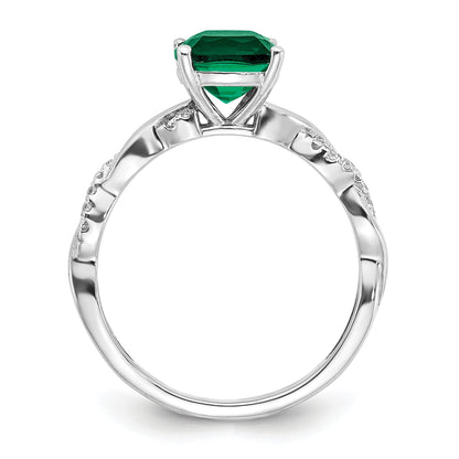 Sterling Silver Rhodium-plated Created Emerald and Diamond Ring